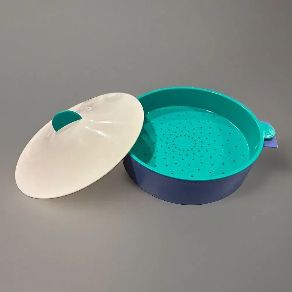 Tupperware Vintage 3-Piece Microwave Steamer Purple, White, And Teal Colors.